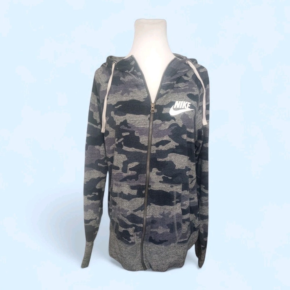 Nike Blue Camo Print Lightweight Zip Hoodie Jacket Womens SzL Organic Athleisure